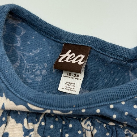 Tea Collection Baby Girls Floral Ruffle Shoulder Dress 18-24 months Blue Cream - Picture 3 of 10